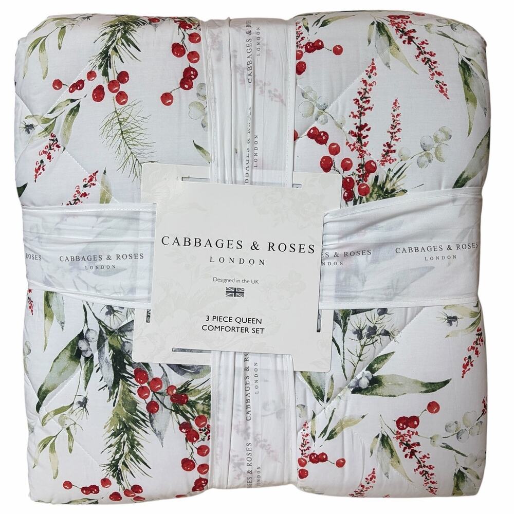 3pc Cabbages & Roses Christmas Foliage Fir Ruby QUEEN Comforter Set NEW